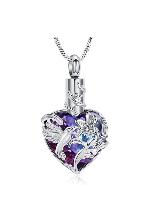 Hummingbird Dendrobium Flower Zirconia Heart Urn Pendant Cremation Jewelry for Ashes Keepsake Memory Necklace Women Fashion Elegant Memorial Jewelry