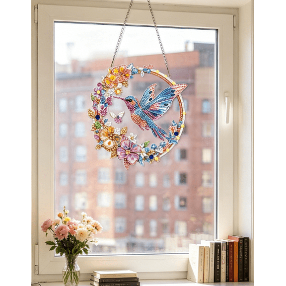 Hummingbird Diamond Art Kits for Adults, Acrylic Hanging Suncatcher with Chain, DIY Diamond Dots Craft Kit, Bird Garden Window Decor Hanging Ornament, 7.7 Inch