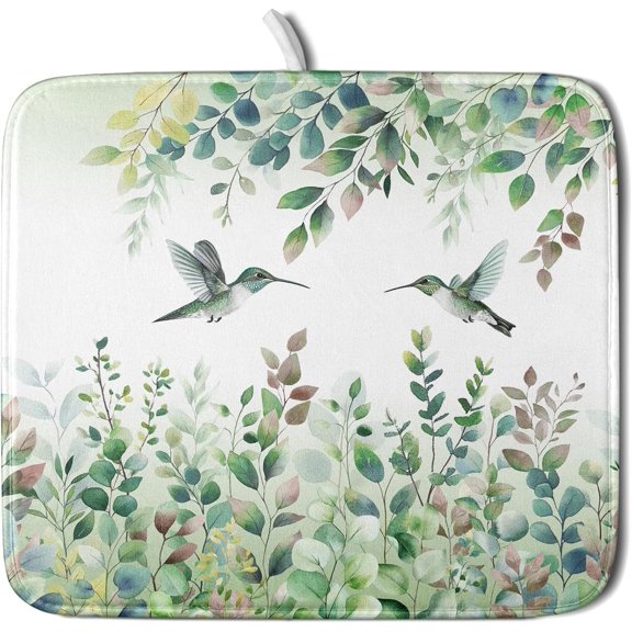 Hummingbird Dish Drying Mat for Kitchen Countertop, Spring Summer Sage Green Eucalyptus Leaves Dish Drainer Mats, Herb Botanical Microfiber Dish Drying Pad Home Decor, 16"x18", Small