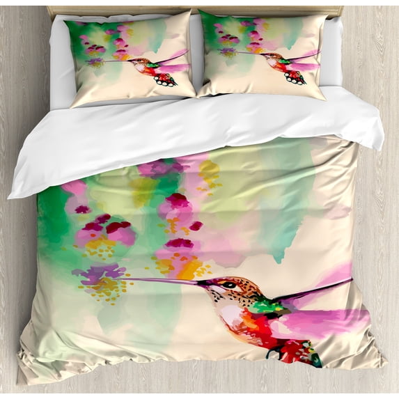 Hummingbird Duvet Cover Set, Art with Colibri Bird and Flowers Romantic Springtime Tropics Nature Theme, Decorative 3 Piece Bedding Set with 2 Pillow Shams, Calking Size, Green Fuchsia, by Ambesonne