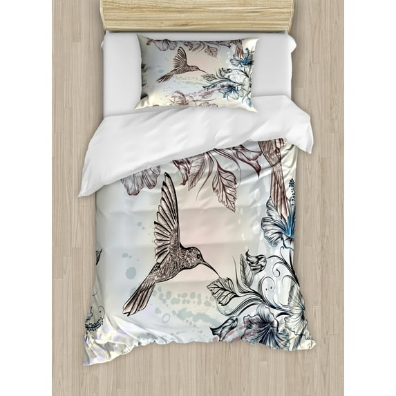 Hummingbird Duvet Cover Set, Birds and Hibiscus Flowers Nostalgia Antique Design Classical Print, Decorative 2 Piece Bedding Set with 1 Pillow Shams, Twin Size, Teal Brown, by Ambesonne