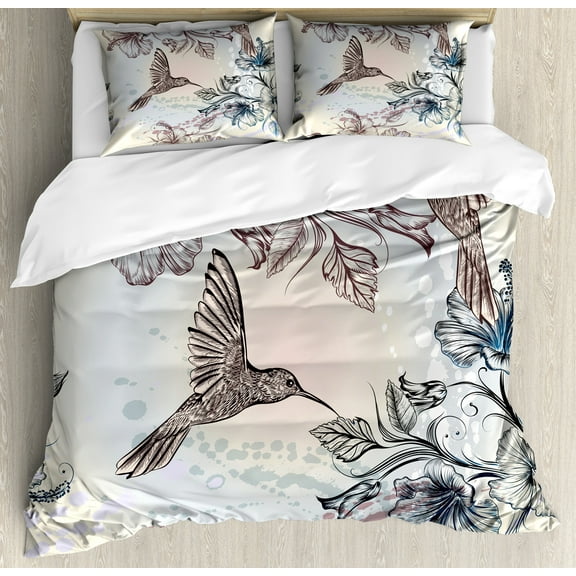 Hummingbird Duvet Cover Set, Birds and Hibiscus Flowers Nostalgia Antique Design Classical Print, Decorative 3 Piece Bedding Set with 2 Pillow Shams, Calking Size, Teal Brown, by Ambesonne