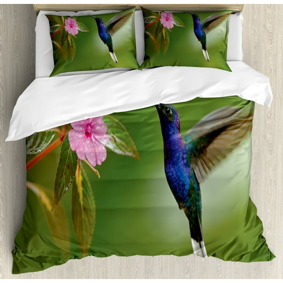 Hummingbird Duvet Cover Set, Exotic Trochilidae Colibri Fast Flying Bird Near Flower Plant Image, Decorative 3 Piece Bedding Set with 2 Pillow Shams, Calking Size, Olive Green Multicolor, by Ambesonne