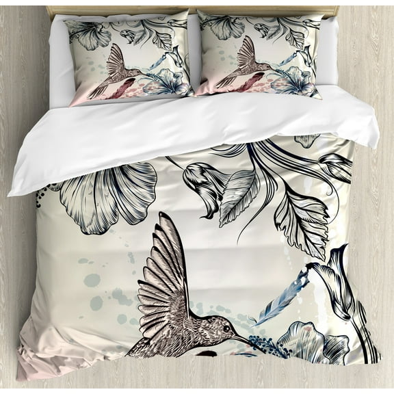 Hummingbird Duvet Cover Set, Floral Art in Vintage Style Bird Hibiscus Flowers and Feathers, Decorative 3 Piece Bedding Set with 2 Pillow Shams, Queen Size, Teal Brown, by Ambesonne