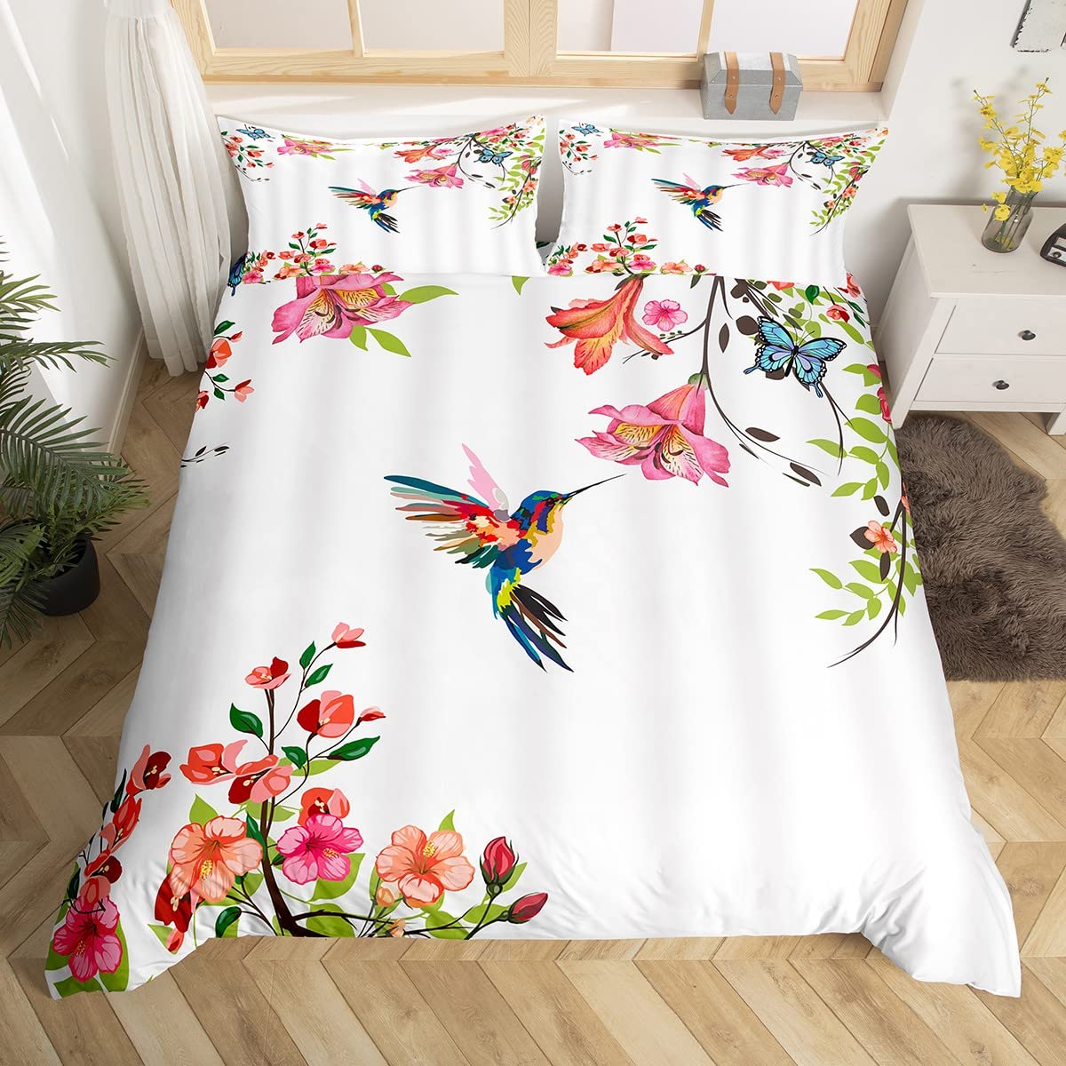 Hummingbird Duvet Cover Set Full Size Girls Garden Birds Farmhouse