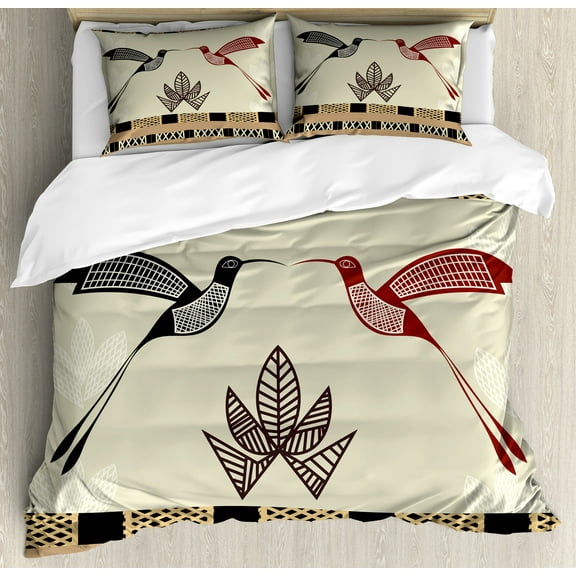 Hummingbird Duvet Cover Set, Image of Branches and Hummingbirds Geometric Pattern Traditional Tribal Art, Decorative 3 Piece Bedding Set with 2 Pillow Shams, Calking Size, Black Brown, by Ambesonne