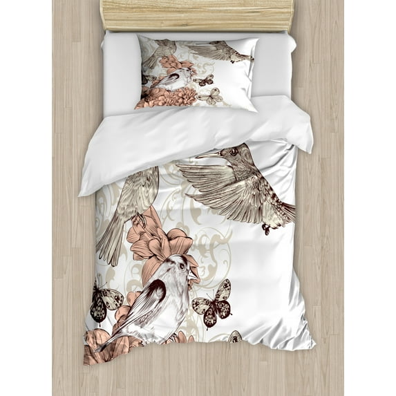 Hummingbird Duvet Cover Set, Vintage Style Art with Birds Butterflies on Blossoms Ornamental Background, Decorative 2 Piece Bedding Set with 1 Pillow Shams, Twin Size, Brown Tan, by Ambesonne