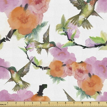 Ambesonne Hummingbird Fabric by the Yard Upholstery, Blossoms on Branches, 1 Yard, Multicolor