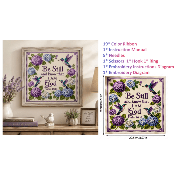 Hummingbird Faith Cross Stitch Kit for Adults Beginners, Pre-Printed Embroidery Kit with Bible Verse, Floral Bird Needlepoint Craft Set with Floss Needle Instructions, 8x8 Inch Decor Gift