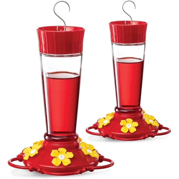 Hummingbird Feeder 10 oz [2 Pack] Glass Hummingbird Feeders for Outdoors, with Built-in Ant Guard - Circular Perch with 5 Feeding Ports - Wide Mouth for Easy Filling/2 Part Base for Easy Cleaning