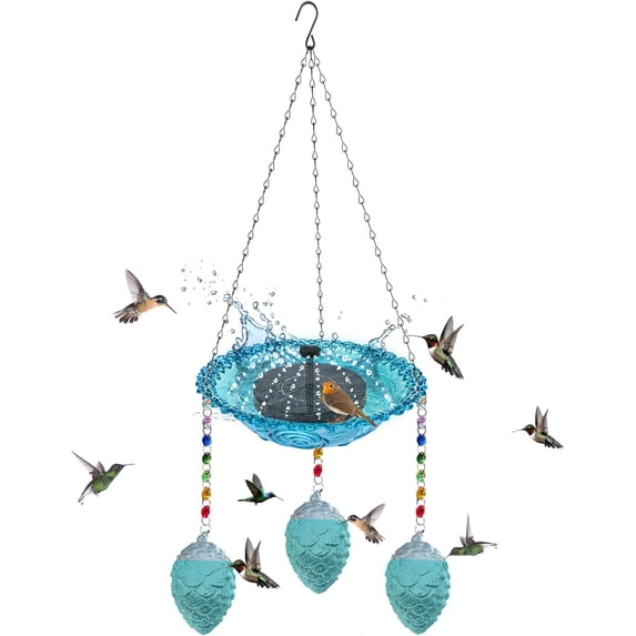 Hummingbird Feeder And Bird Bath For Outdoors 2-In-1 For Small Birds - Hummingbird Bath Fountain With 3 Blue Feeder Pots - Hanging Solar Bird Bath Fountains