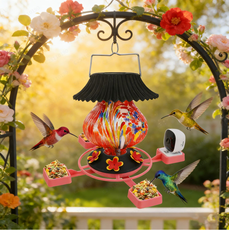 Hummingbird Feeder with Camera Solar Powered 1080P-, Automatically Identifies Species of Bird, Auto Recording, Leak-Proof Ant & Bee Proof Outdoor Hanging Feeder, for Bird Lovers