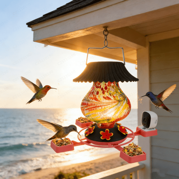 Hummingbird Feeder with Camera Solar Powered 1080P-, Automatically Identifies Species of Bird, Auto Recording, Leak-Proof Ant & Bee Proof Outdoor Hanging Feeder, for Bird Lovers