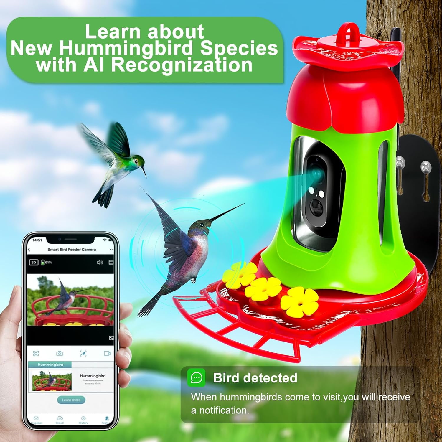 Hummingbird Feeder with Camera Solar Powered, AI Identify Bird Species, Hummingbird Feeder Camera Anti Ant Moat for Hummingbird, Outdoors Hanging, Ideal Gifts for Bird Lovers