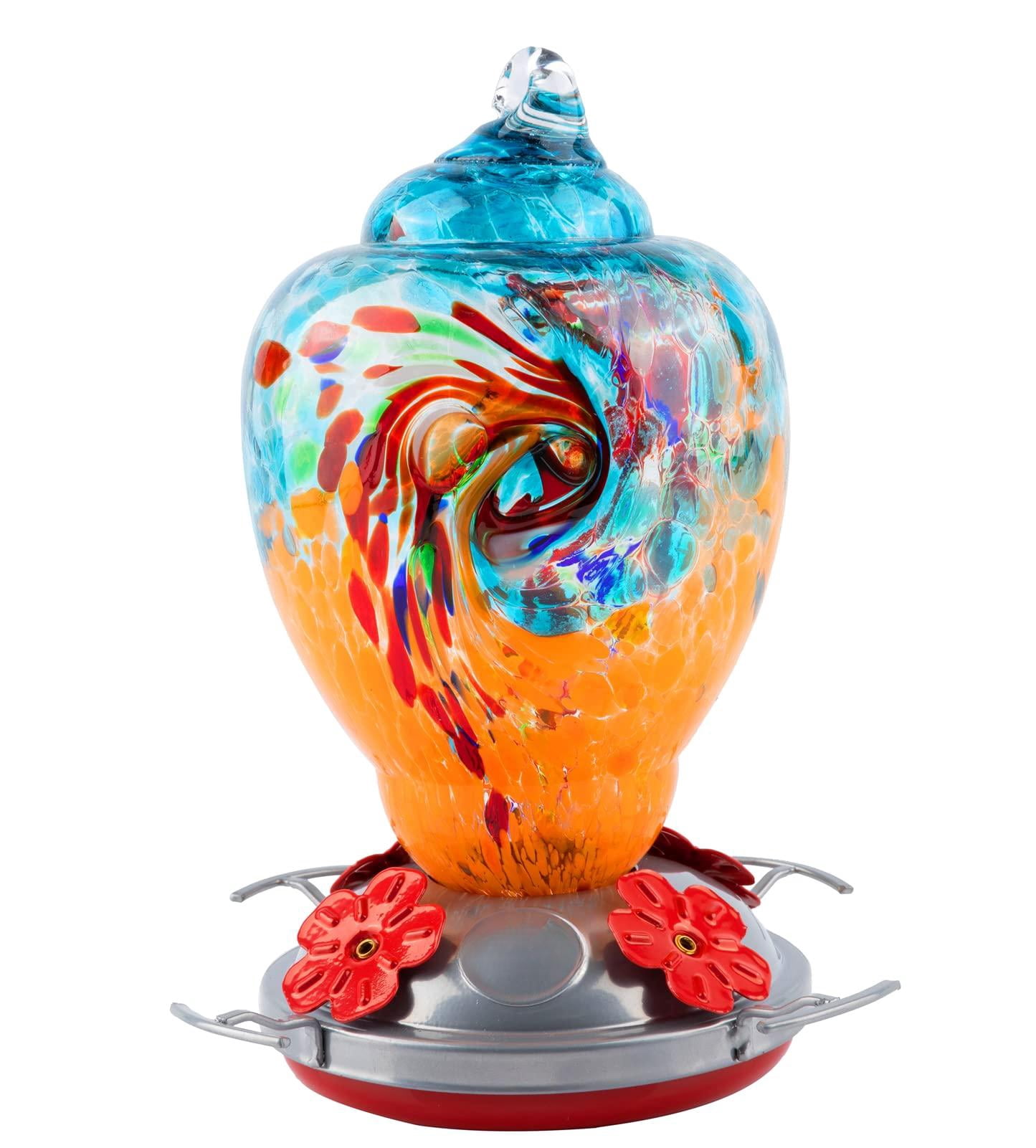 Hummingbird Feeder For Outdoors Patio Large 32 Ounces Colorful Hand Blown Glass With Ant Moat Hanging Hook  Rope Brush And Service Card (blue-orange)