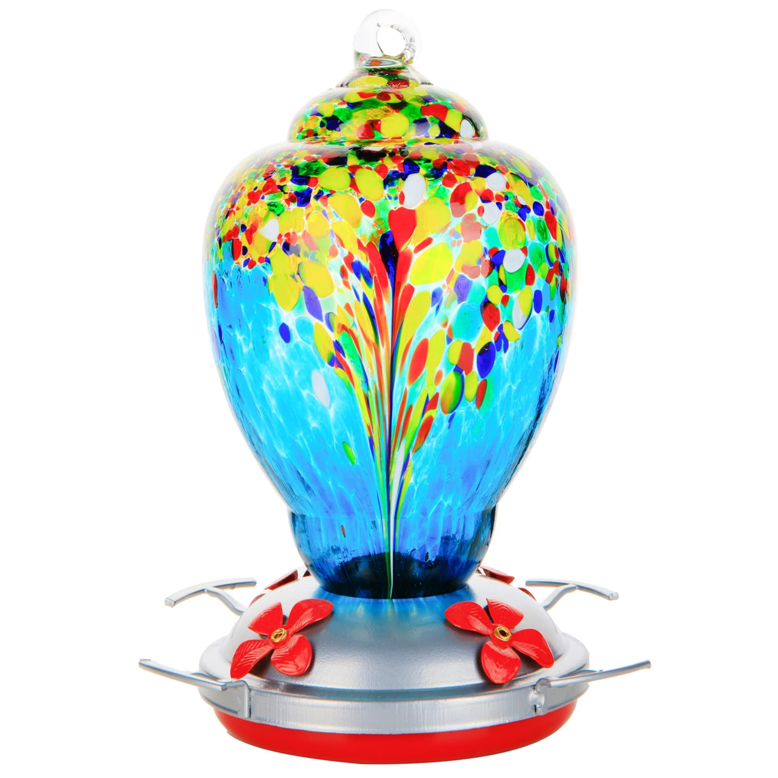 Hummingbird Feeder For Outdoors Patio Large 32 Ounces Colorful Hand Blown Glass With Ant Moat Hanging Hook  Rope Brush And Service Card (blue-white)