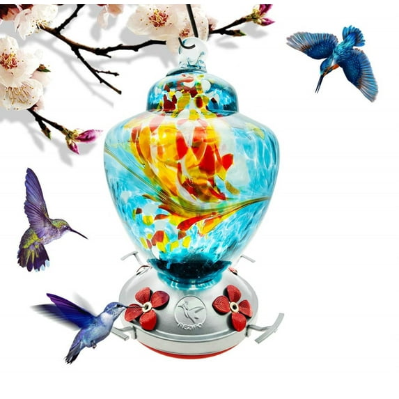 Hummingbird Feeder,Glass Bird Feeder with Color Hand Blown Glass,Leakproof 38 Ounces Nectar Capacity Hummingbird Feeders, Garden Bird Feeders Easy to Clean & Filling,Hanging Hook&Ant Moat