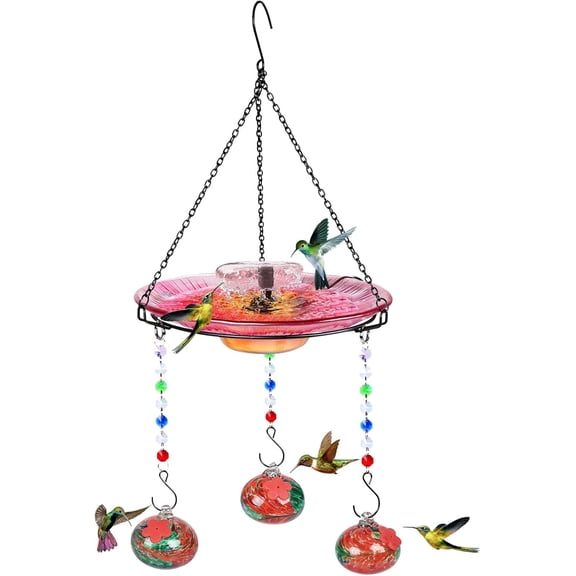 Hummingbird Feeder Glass with Hanging Bird Bath for Outside Combo Set,12 Fluid Ounces,Solar Hummingbird Bath with Fountain (11inch),Backyard, Patio Garden Yard Decoration (Red)