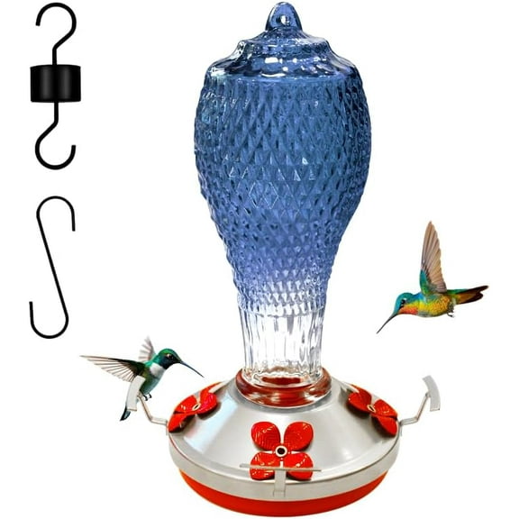 Hummingbird Feeder, Glass Humming Bird Feeder for Garden Decor, Four Flowers Feeding Ports, Leak Proof, Ant Moat Included