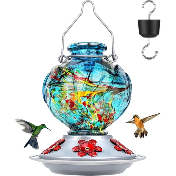 Hummingbird Feeder, Hand Blown Glass Hummingbird Feeders for Outdoors Hanging, Ant Moat, 5 Bee-Proof Ports, Leak-Proof, 360 °   Perch, 22oz, Blue Peony Gifts for Women Men, Gifts for Mom Dad