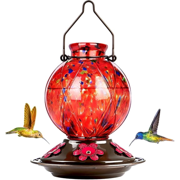 Hummingbird Feeder, Hand Blown Glass Hummingbird Feeders for Outdoors Hanging, Ant Moat, 5 Bee-Proof Ports, Leak-Proof, 360 °   Perch, 22oz, Blue Peony Gifts for Women Men, Gifts for Mom Dad
