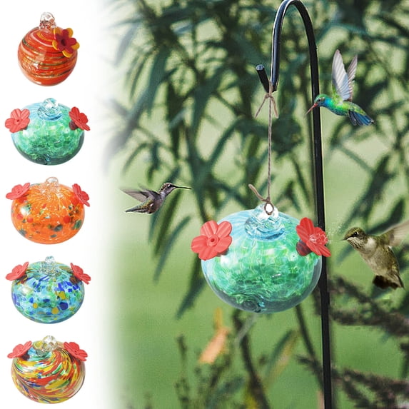 Hummingbird Feeder Outdoor Hanging Glass Painting Style Leak-Proof Port Water Feeder, Weather-Resistant Yard Courtyard Decoration, Easy Clean Refill