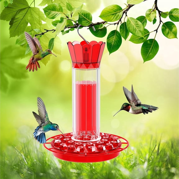 Hummingbird Feeder for Outdoors, 10 oz Bee Proof with 30 Feeding Ports & Ant Moat - Red Hanging Plastic Feeder with Perches for Garden, Yard, or Window Decoration