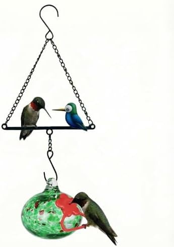 Hummingbird Feeder for Outdoors Hanging,Metal Hummingbird Swing with Hand Blown Glass Hummingbird Feeder,Artistic Bird Perch & Garden Decor, Unique Gardening Gifts for Women(Green)