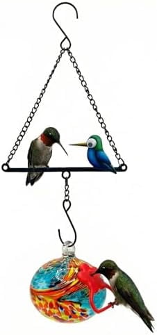 Hummingbird Feeder for Outdoors Hanging,Metal Hummingbird Swing with Hand Blown Glass Hummingbird Feeder,Artistic Bird Perch & Garden Decor, Unique Gardening Gifts for Women(Blue)
