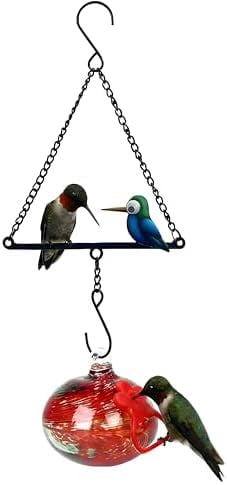 Hummingbird Feeder for Outdoors Hanging,Metal Hummingbird Swing with Hand Blown Glass Hummingbird Feeder,Artistic Bird Perch & Garden Decor, Unique Gardening Gifts for Women(Red)