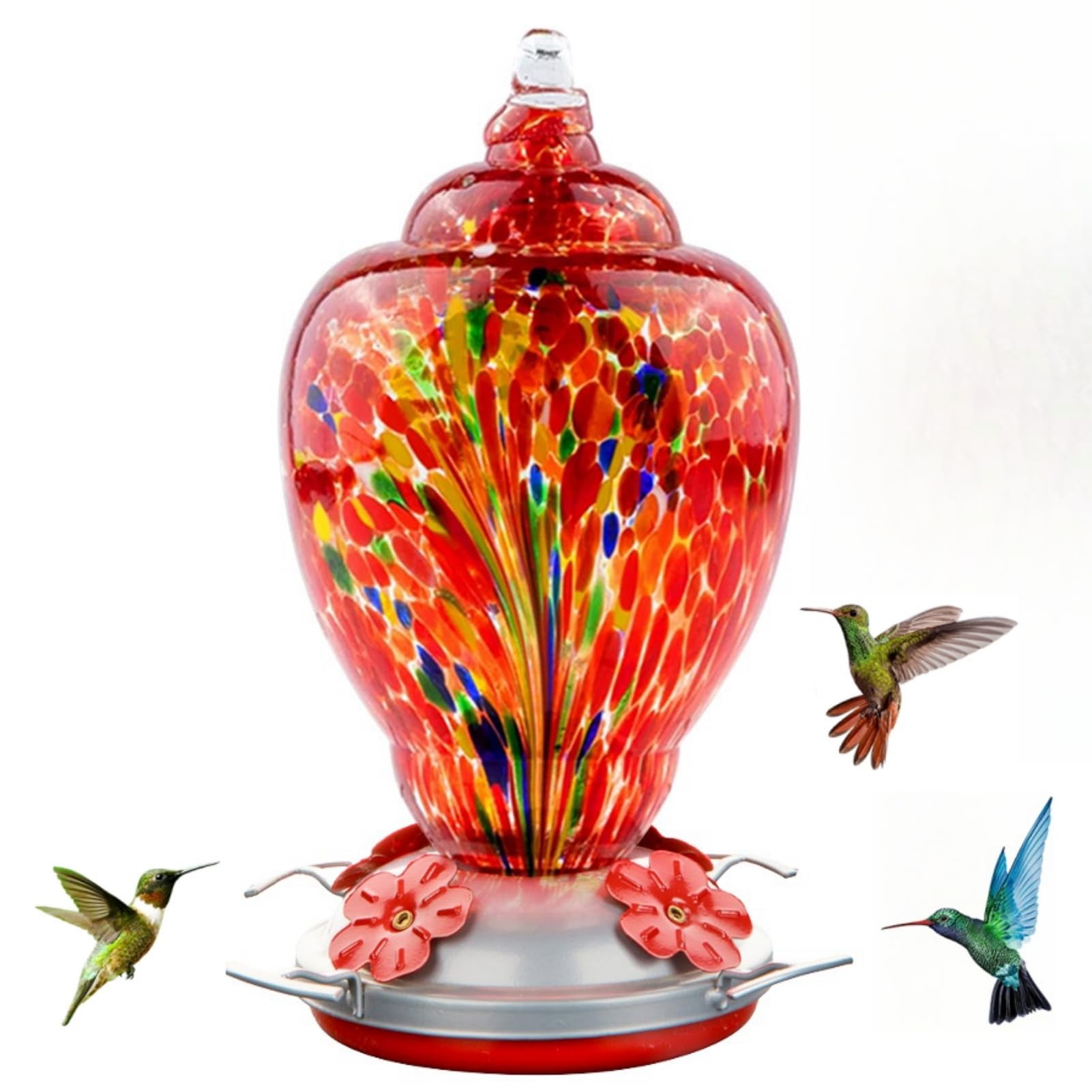 Hummingbird Feeder Red-Firework Hand Blown Glass 32 Ounce Outdoor Patio Use