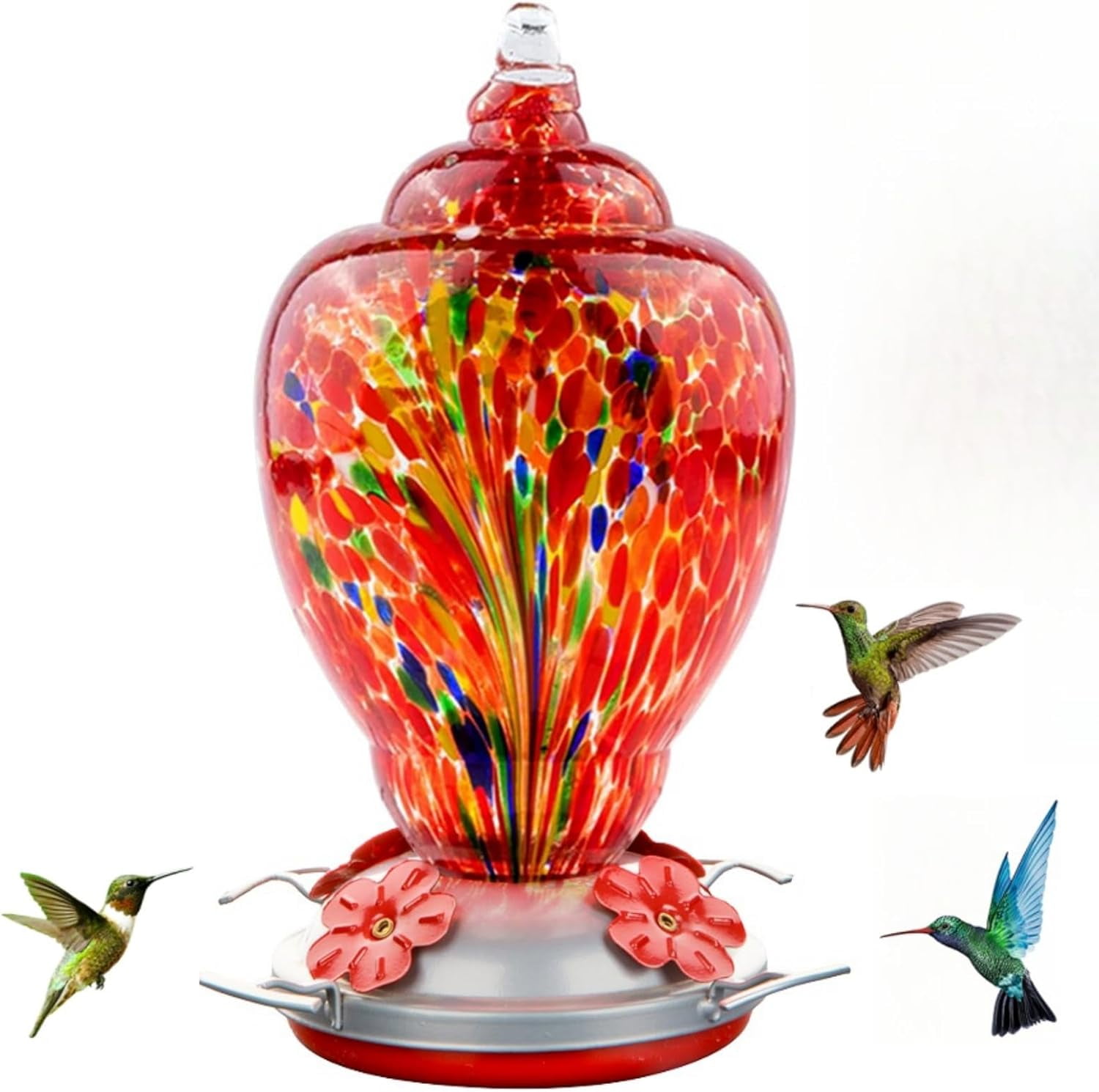 Hummingbird Feeder for Outdoors Patio Large 32 Ounces Colorful Hand Blown Glass Hummingbird Feeder with Ant Moat Hanging Hook, Rope, Brush and Service Card (RED-Firework)