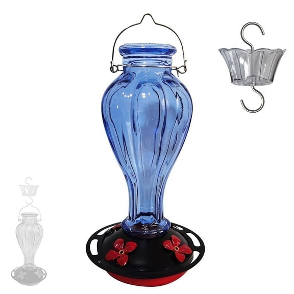Hummingbird Feeder for Outdoors Hanging - Blue Glass Nectar Feeding Bottle Including Clear Ant Moat - 24 OZ (710ml), 4 Red Flower Ports, Black Cover