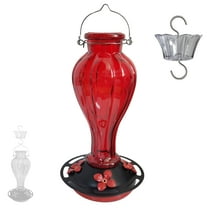 Hummingbird Feeder for Outdoors Hanging - Red Glass Nectar Feeding Bottle Including Clear Ant Moat - 24 OZ (710ml), 4 Red Flower Ports, Black Cover