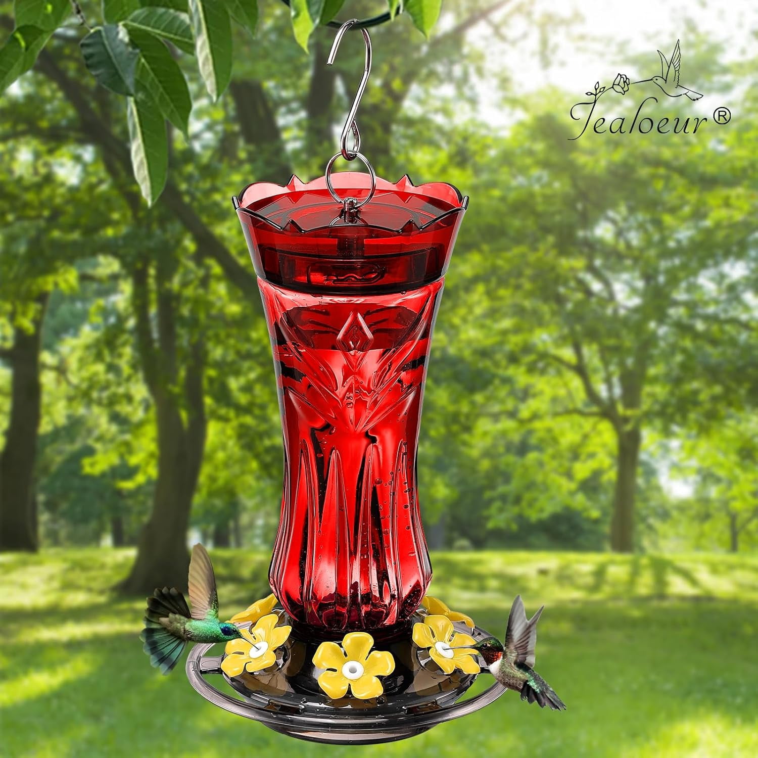 Hummingbird Feeder for Outdoors Hanging, with Bee Guard Feeding Ports & Built-in Ant Moat, Easy to Clean, Durable Outdoor Garden Decor