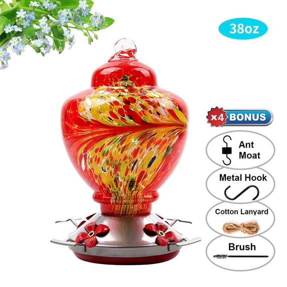 Hummingbird Feeder with Perch - Hand Blown Glass - 38 Fluid Ounces Hummingbird Nectar Capacity Include Hanging Wires and Moat Hook