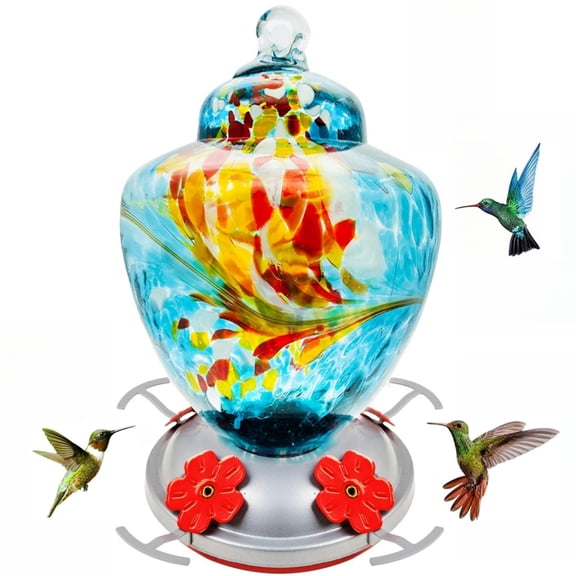 Hummingbird Feeder with Perch - Hand Blown Glass - Blue - 38 Fluid Ounces Hummingbird Nectar Capacity Include Hanging Wires and Moat Hook