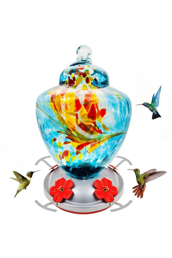 Hummingbird Feeder with Perch - Hand Blown Glass - Blue - 38 Fluid Ounces Hummingbird Nectar Capacity Include Hanging Wires and Moat Hook