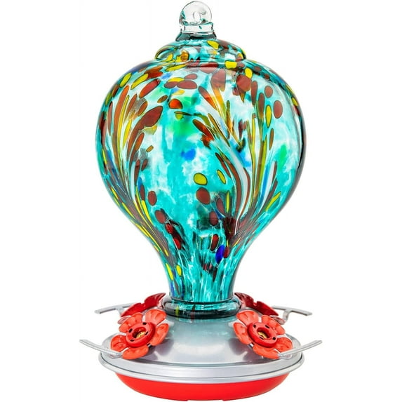 Hummingbird Feeders 32OZ Glass Hummingbird Feeder with Ant Moat, Yard Porch Decor (Teal Blue)