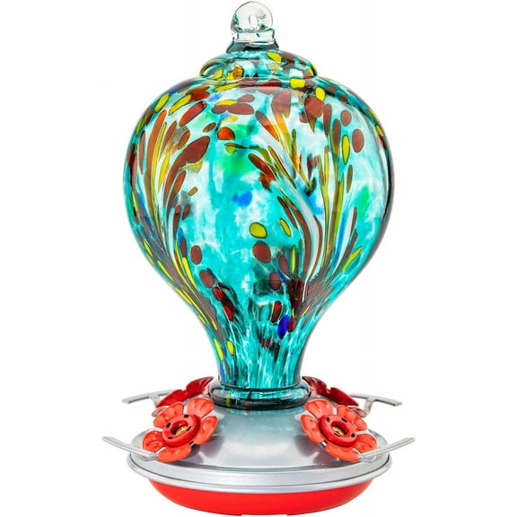 Hummingbird Feeders 32OZ Glass Hummingbird Feeder with Ant Moat, Yard Porch Decor (Teal Blue)