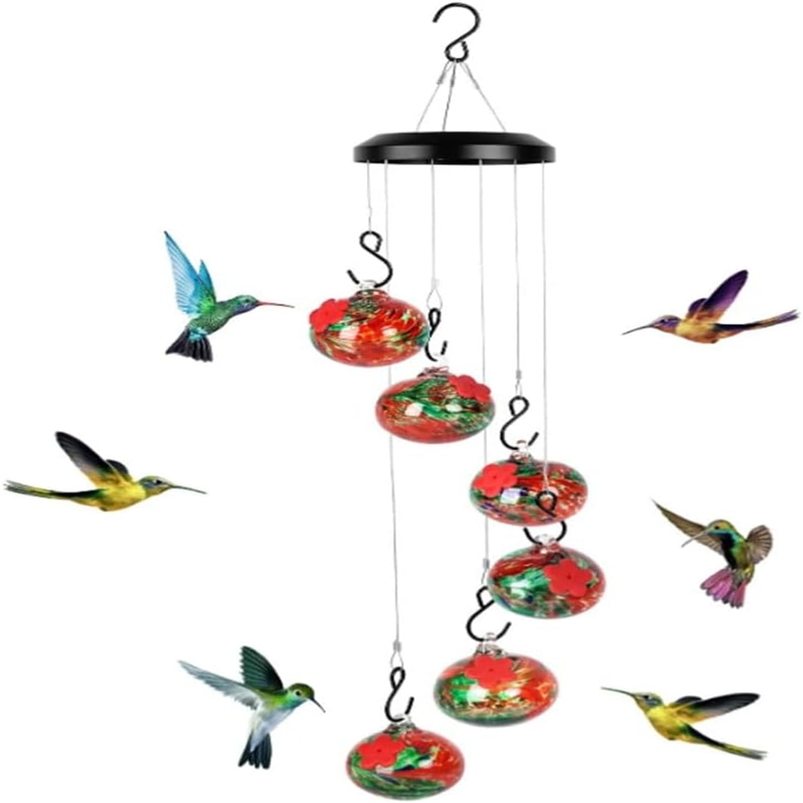 Hummingbird Feeders For Outdoors Hanging With 6 Glass Bowls, Wind Chimes Hummingbird Feeders For