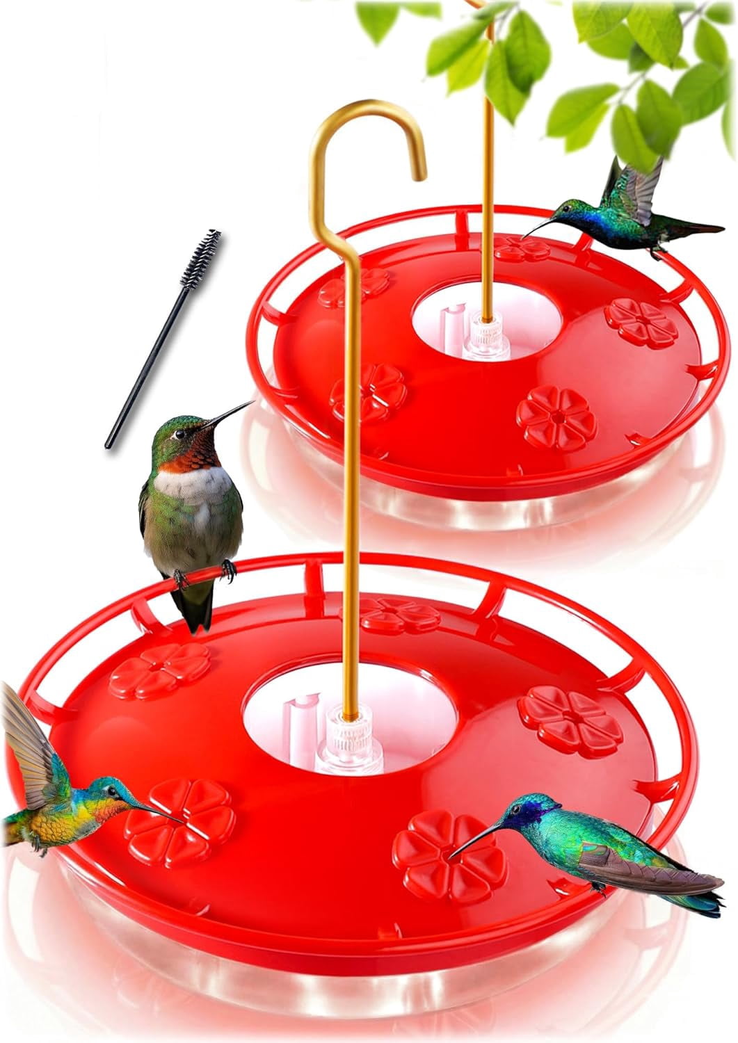 Hummingbird Feeders for Outdoors, 2 Pack 16 oz Leak-Proof Dish-Style Humming Bird Feeder with Built-in Ant Moat, 5 Bee Proof Feeding Ports, Easy Clean, BPA Free Plastic, Garden Decor Mom