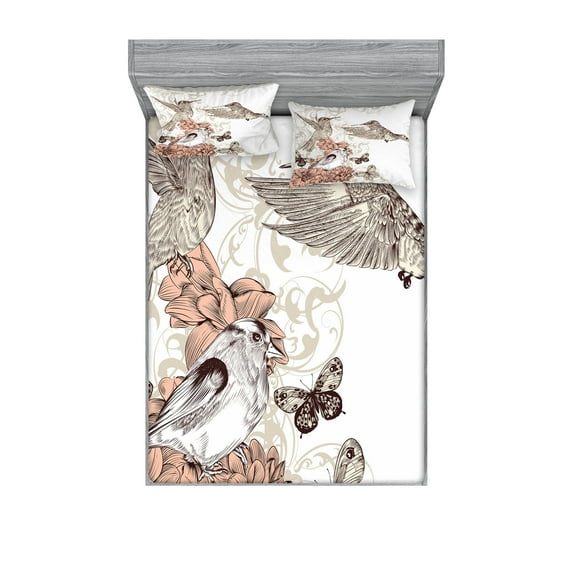 Hummingbird Fitted Sheet & Pillow Sham Set, Vintage Style Art with Birds Butterflies on Blossoms Ornamental Background, Decorative Printed 6 Piece Bedding Decor Set, Full, Brown Tan, by Ambesonne