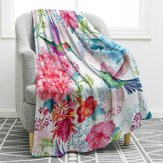 Hummingbird Floral Blanket Bird Colorful Flowers Print Gifts for Women Kids Girls Mom Bedroom Living Room Birthday Mother''s Day Decor Soft Cozy Plush Throw Blanket 50"x60"