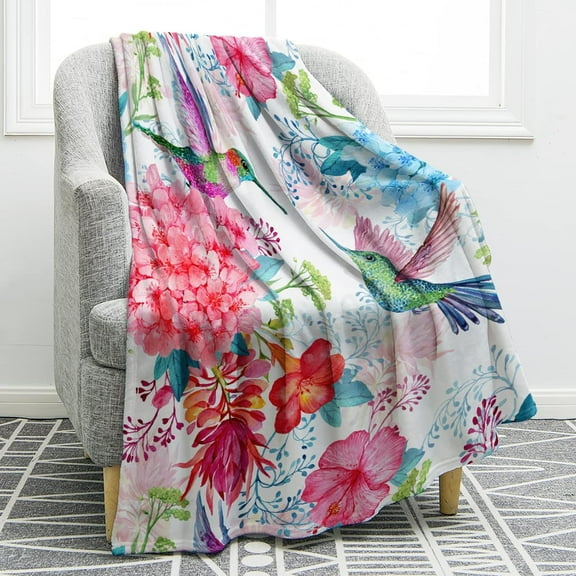 Hummingbird Floral Blanket Bird Colorful Flowers Print Gifts for Women Kids Girls Mom Bedroom Living Room Birthday Mother''s Day Decor Soft Cozy Plush Throw Blanket 50"x60"