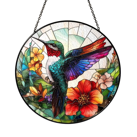 Hummingbird Floral Ceramic Suncatcher – Stained Glass Style Window Decor