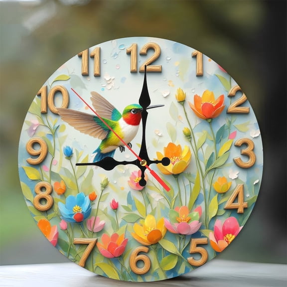 Hummingbird Floral Clock 10-Inch Silent Wooden Wall Clock, Battery Operated (AA Batteries Not Included), Artistic Home Decor
