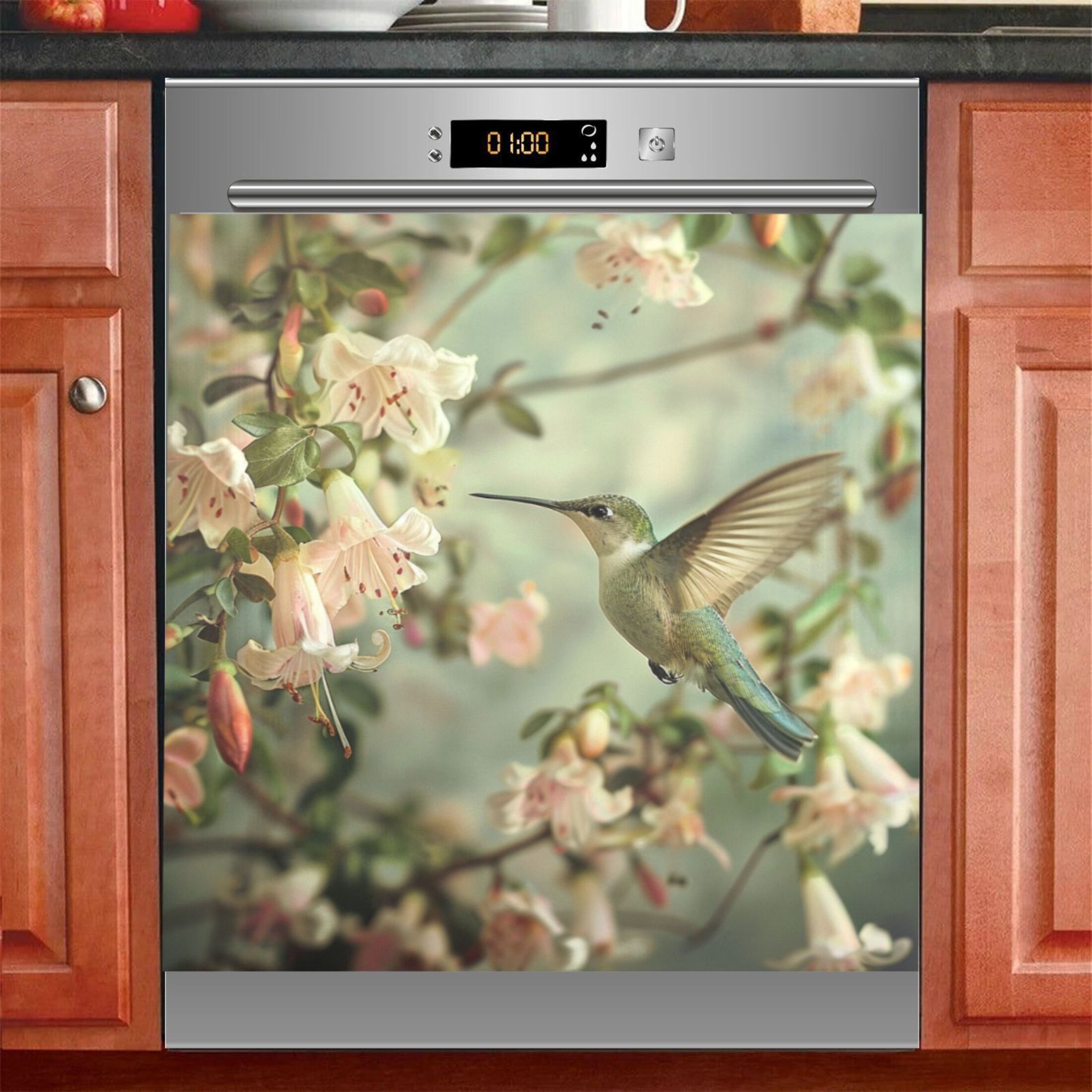 Ryvnso Hummingbird Floral Dishwasher Magnetic Refrigerator Magnet Cover Kitchen Art Panel Decal Sticker Home Decorative 23"x26"
