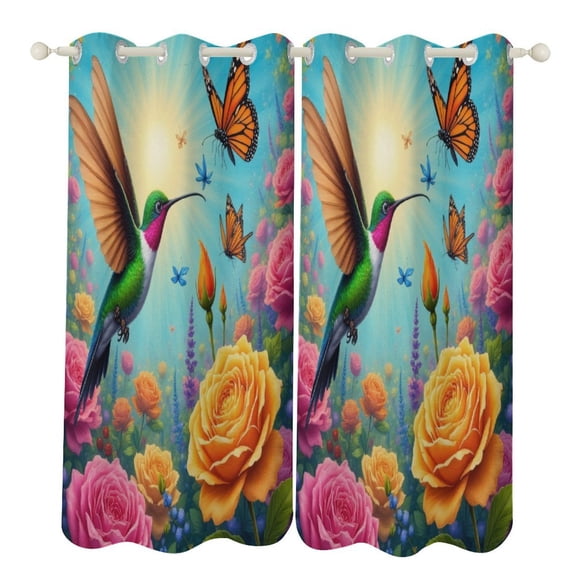 Hummingbird in Floral Garden Blackout Curtains Window Drapes Room Darkening Thermal Insulated Grommets Blackout Curtains, for Living, Dining, Bedroom,2 Panels