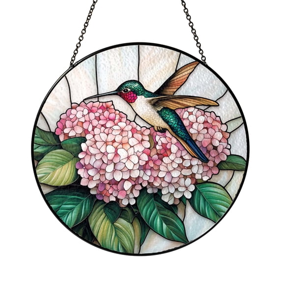 Hummingbird Floral Hydrangea Garden Stained Glass Style Window Suncatcher Hanging, Decorative Glass Panel Art Ornament for Spring Home